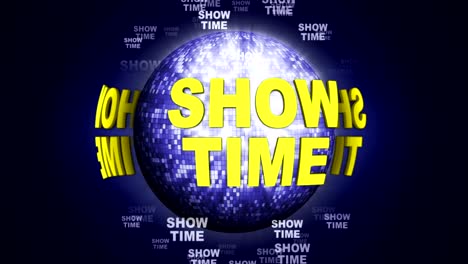 animación de texto de showtime alrededor de la tierra bola de discoteca, renderización, fondo, bucle