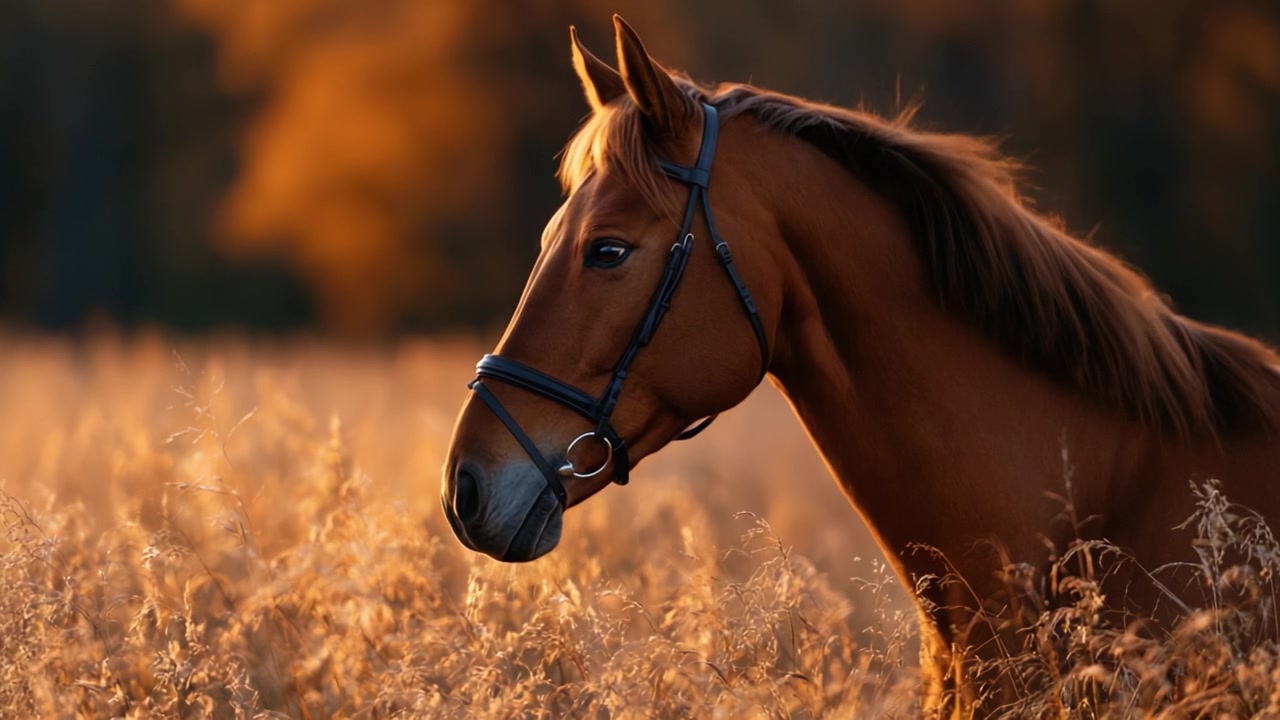 Ritratto affascinante di un maestoso cavallo in un prato dorato al tramonto, che mette in risalto la bellezza e la grazia della vita equina in un ambiente naturale.