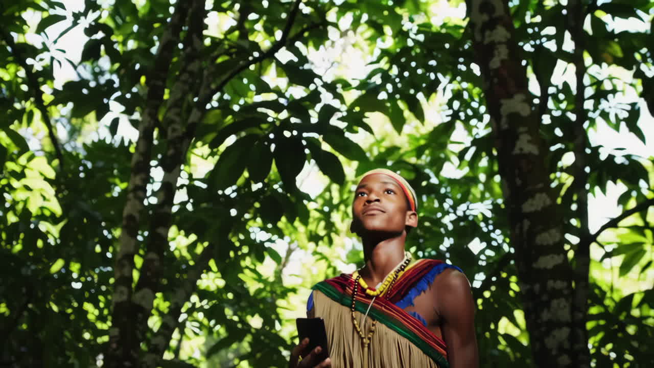 African Boy Using Smartphone in the Jungle