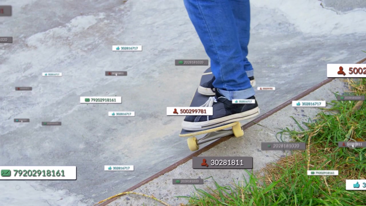 Sports skater rolling to coping shifting and dropping into bowl while labels growing toward center