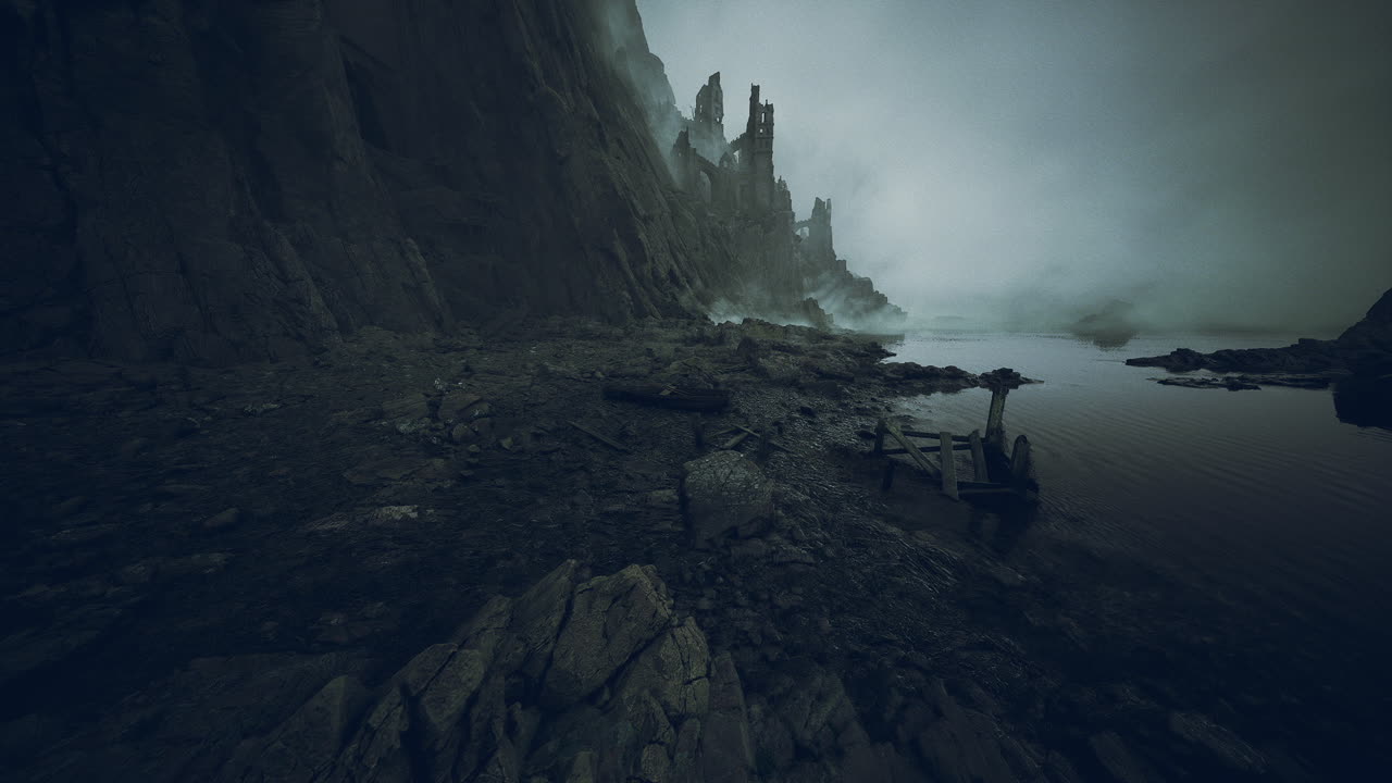 Mysterious rocky shoreline under fog with eerie cliffs and calm waters