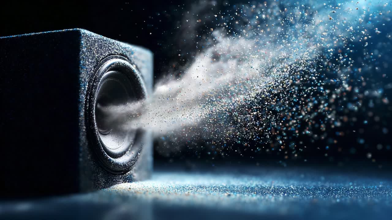 Dynamic Sound Waves Emanating from a Subwoofer, Creating a Captivating Display of Dust Particles and Smoke, Highlighting the Power of Audio Vibrations in Spectacular Style