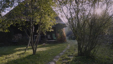 rustic wooden cabin in a peaceful garden