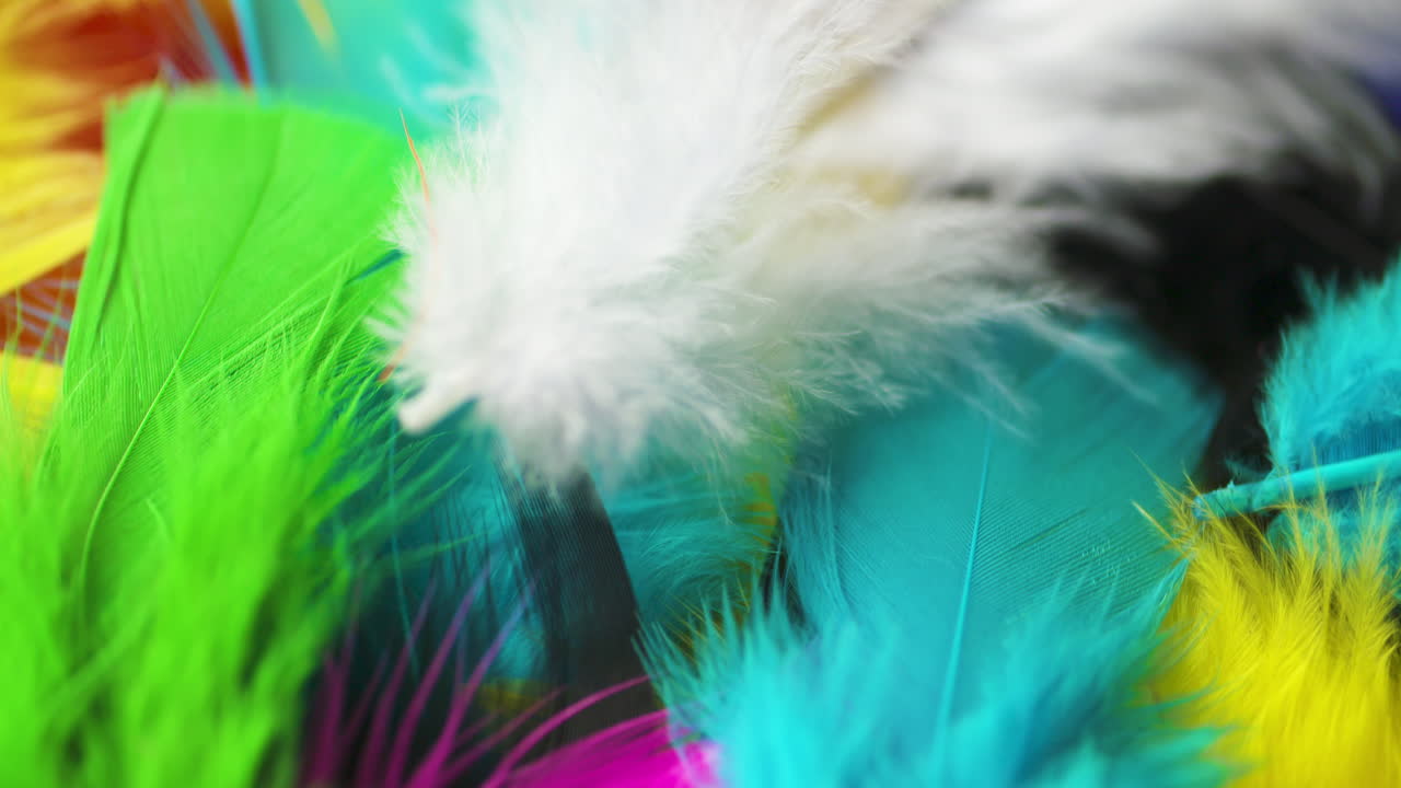밝고 다양한 색상의 깃털 회전 더미를 닫습니다.