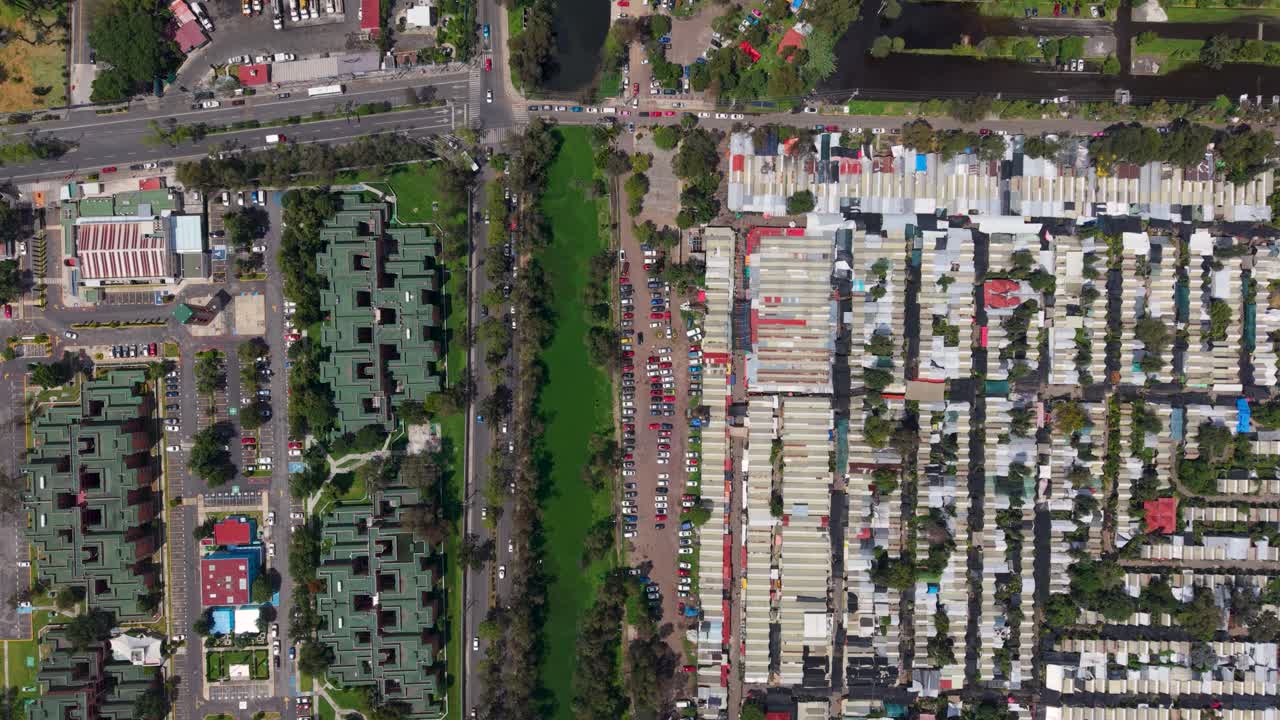 Aerial footage of xochimilco canals on a sunny day in CDMX