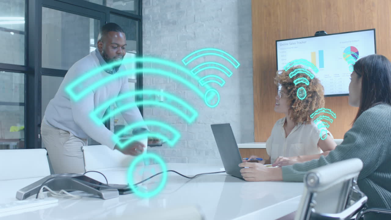 fi icons sobre diversos colegas masculinos y femeninos en una reunión casual en la oficina