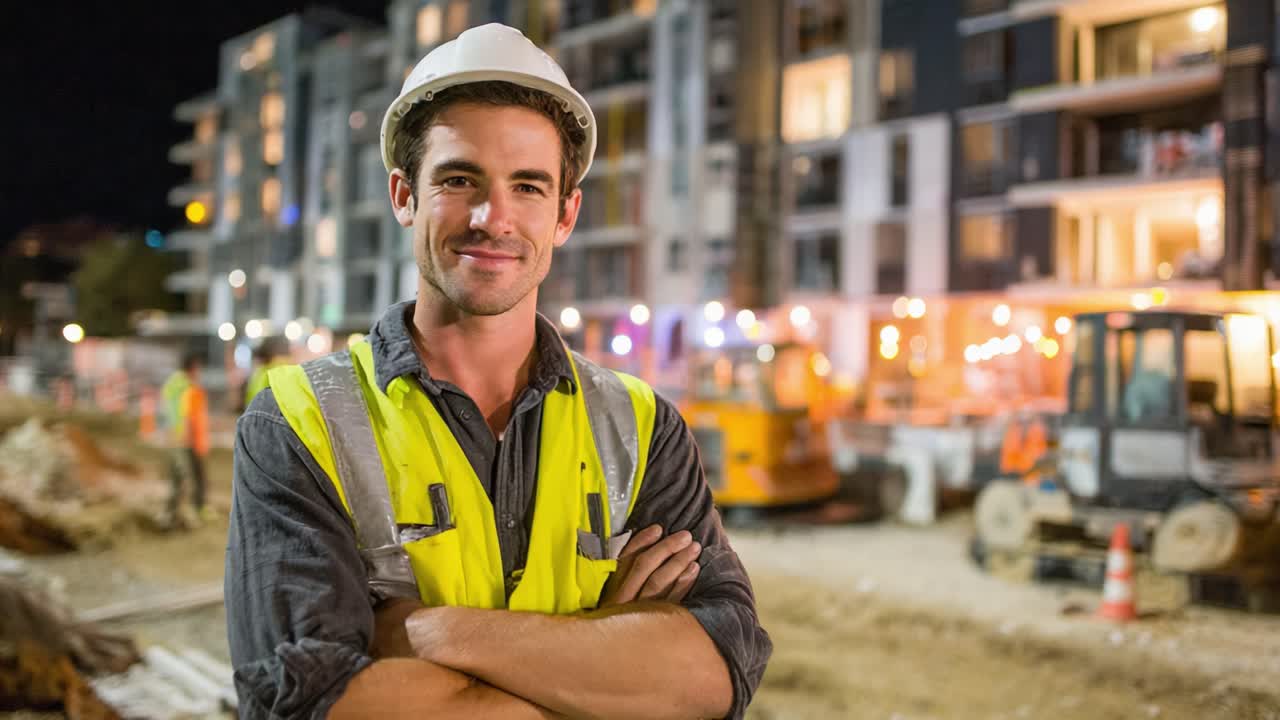 A confident construction worker stands proudly on the job site at night, showcasing professionalism and dedication amidst bustling activity and illuminated buildings