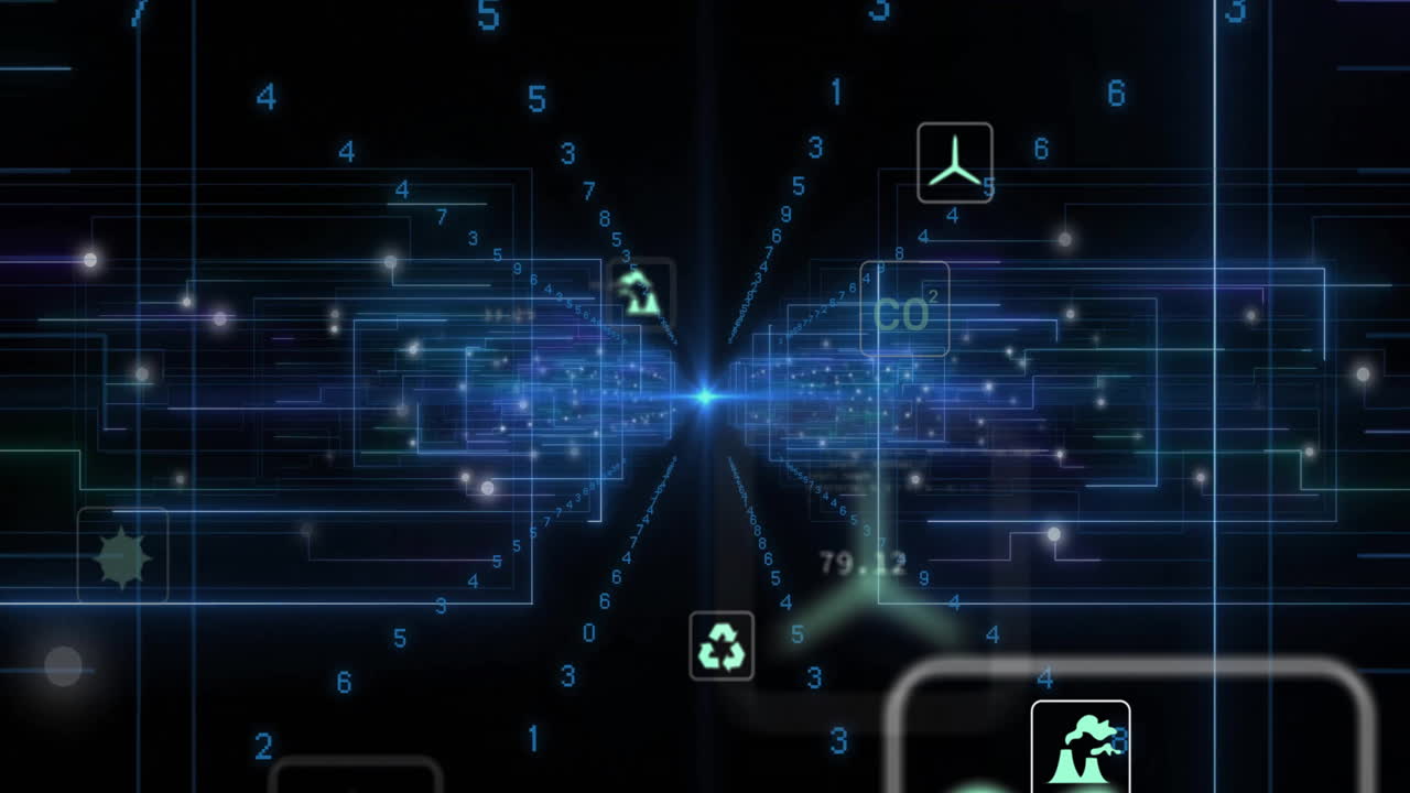 검은색 배경에 데이터 처리를 가진 연결 네트워크를 통해 생태 아이콘의 애니메이션