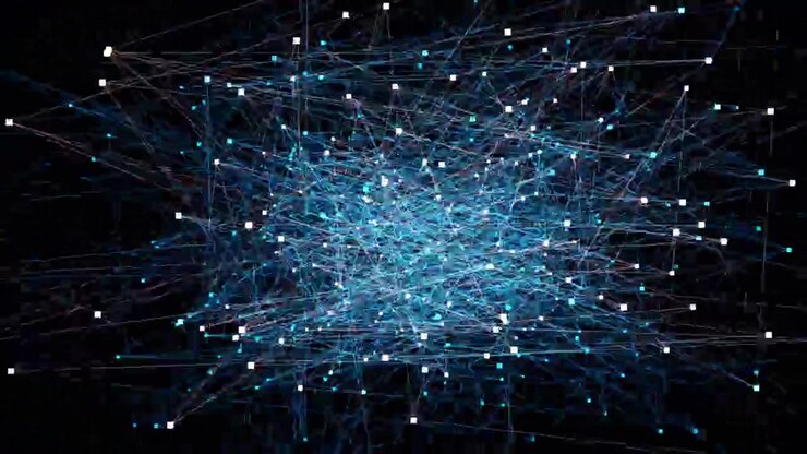 A digital visualization shows blue lines and points connected in a complex pattern against a dark background. This graphic represents data flow and interconnected systems