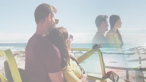 Animation-of-happy-caucasian-couple-in-car-on-beach