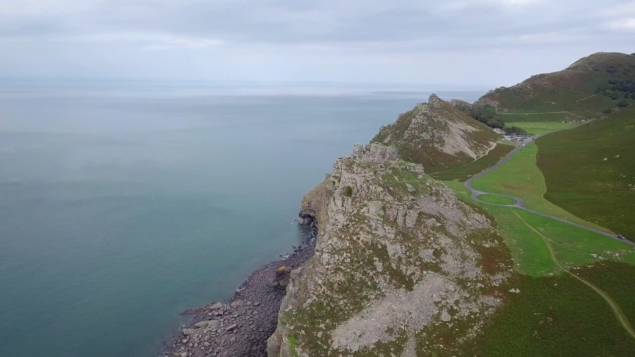 Aerial view of a rocky cliff on the coast