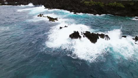 Rough-waves,-Rocky-cliffs,-Coast-in-Madeira,-Portugal,-drone-aerial