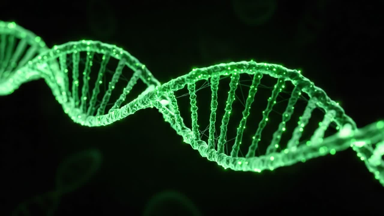 A Stunning Visualization of DNA Structure Representing Genetic Information in a Luminous Green Color against a Dark Background