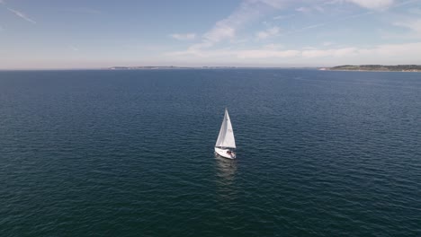 Establishing-Shot-of-Sailing-Boat-on-Calm-Sea-Close-to-the-Shoreline---Dolly-Out-Shot