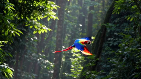scarlet macaw flying through a lush tropical rainforest