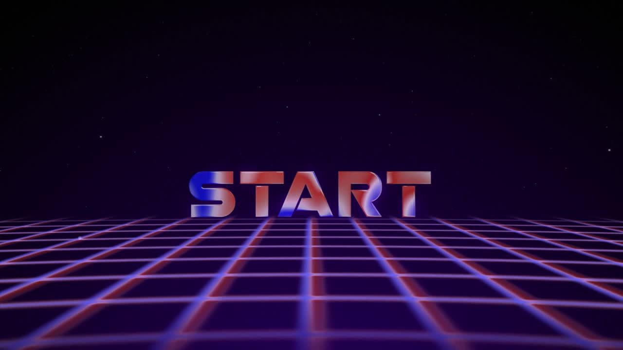 Synthwave wireframe net 80s with text START. Retro futurism background. 3d illustration render seamless loop. 4k