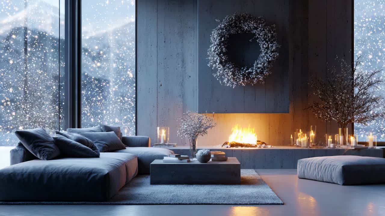 A Cozy Winter Living Room with a Fireplace, Snowy Views, and Elegant Decor Featuring a Modern Aesthetic, Soft Textures, Warm Lighting, and a Serene Atmosphere for Comfort and Relaxation