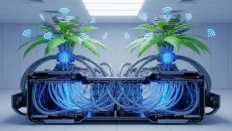 a futuristic synthesis of nature and technology: automated plant sensors integrating with complex cable networks in a high-tech environment