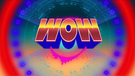 animation of text wow, over revolving neon scopes, on orange and blue