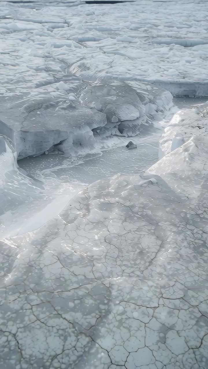 Vídeo vertical: cámara inclinada que estudia un montículo de hielo agrietado en una capa costera, con una piedra incrustada