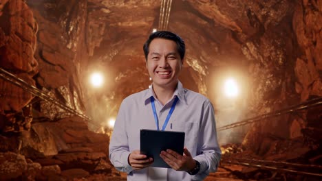 asian male professional worker standing with his tablet in underground mine tunnel, he is looking at the camera with a smile
