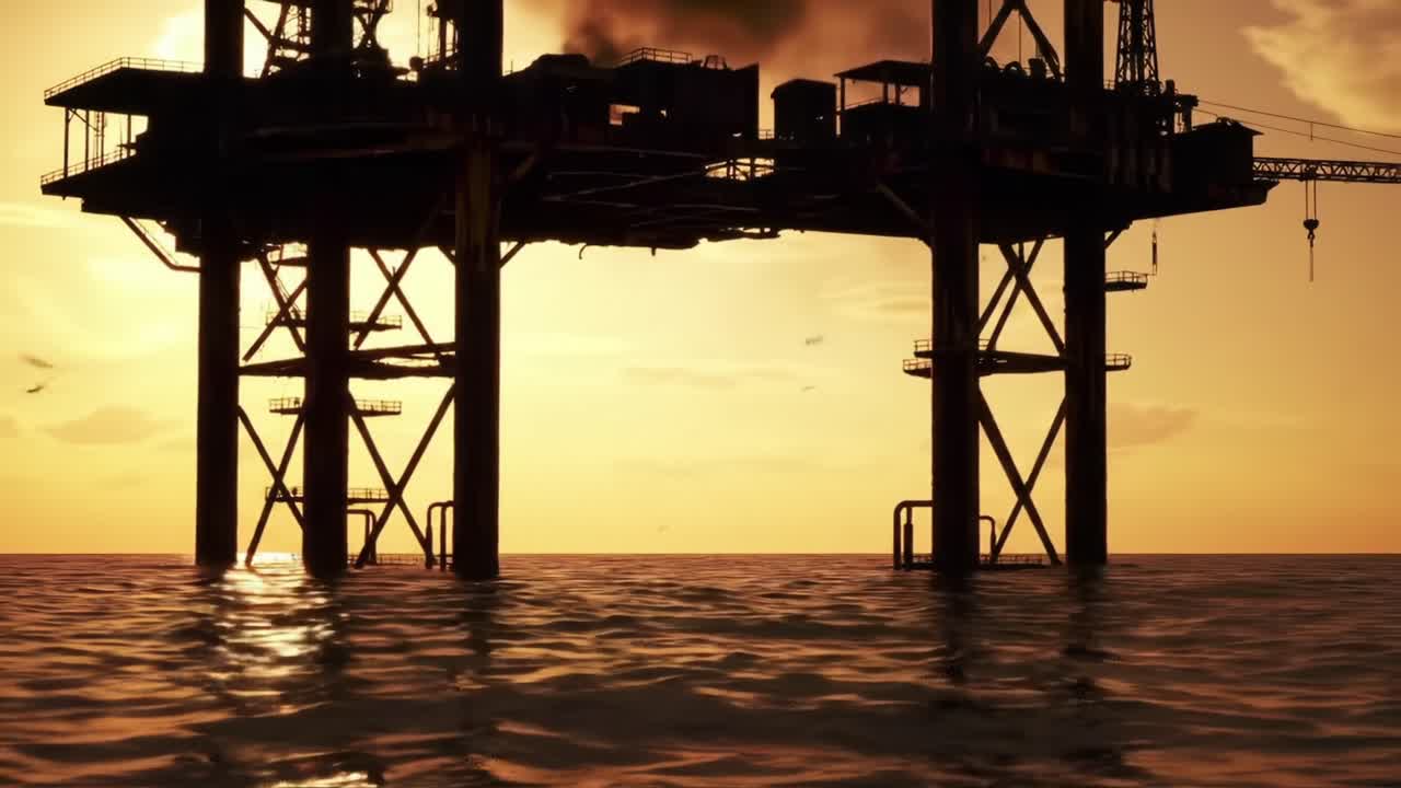 A Majestic Oil Rig Silhouetted Against a Vibrant Sunset: Capturing the Essence of Industrial Maritime Operations in Natural Beauty