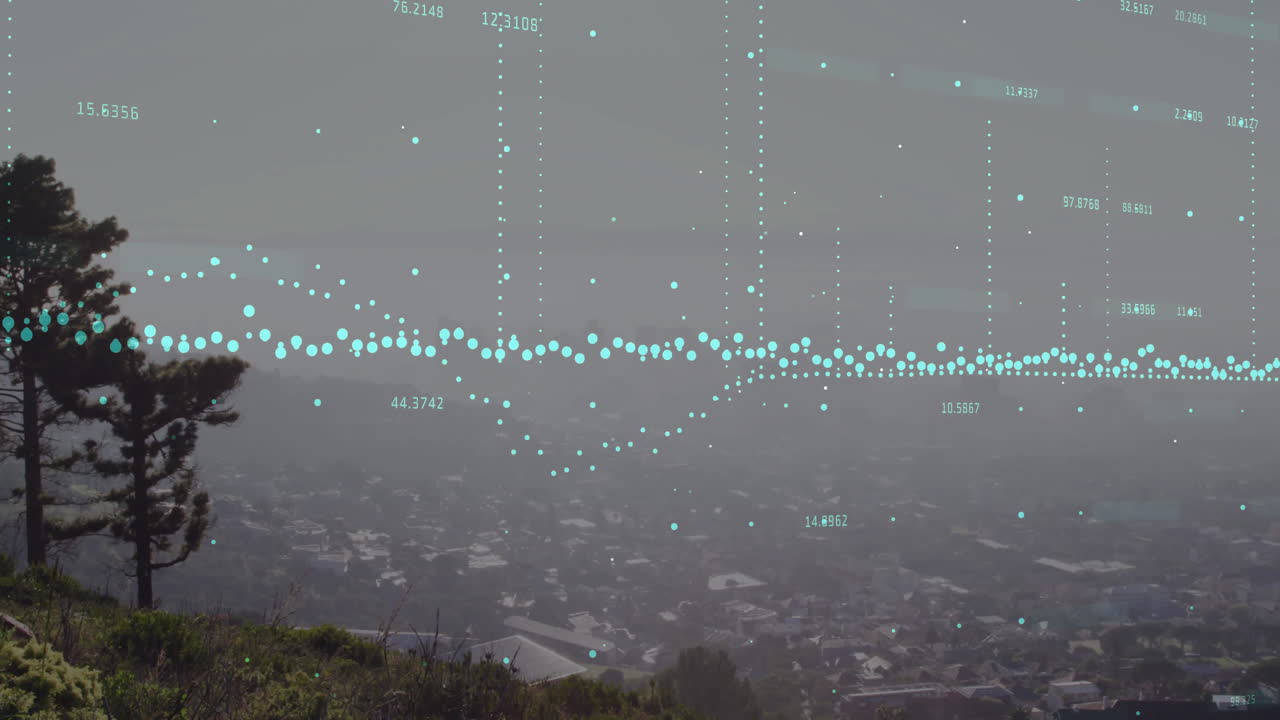 Animation of data processing over foggy cityscape