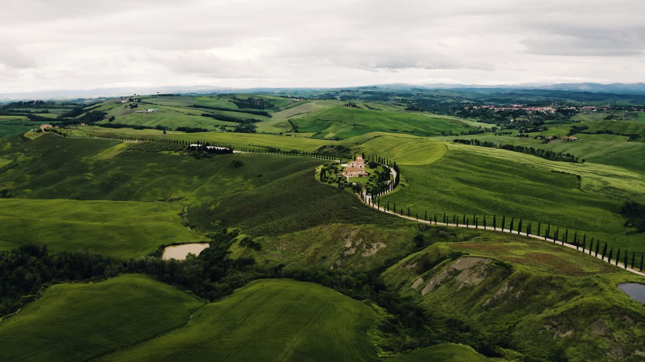 Aerial view of Tuscany's farmland in Italy's rural hills