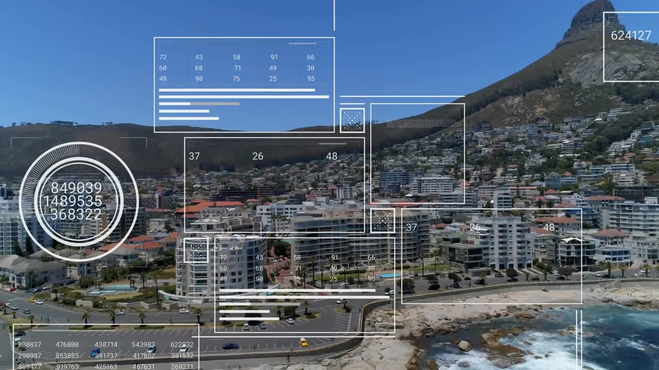 UI starting overlays, highlighting buildings and peak while drone drifting onward for mapping