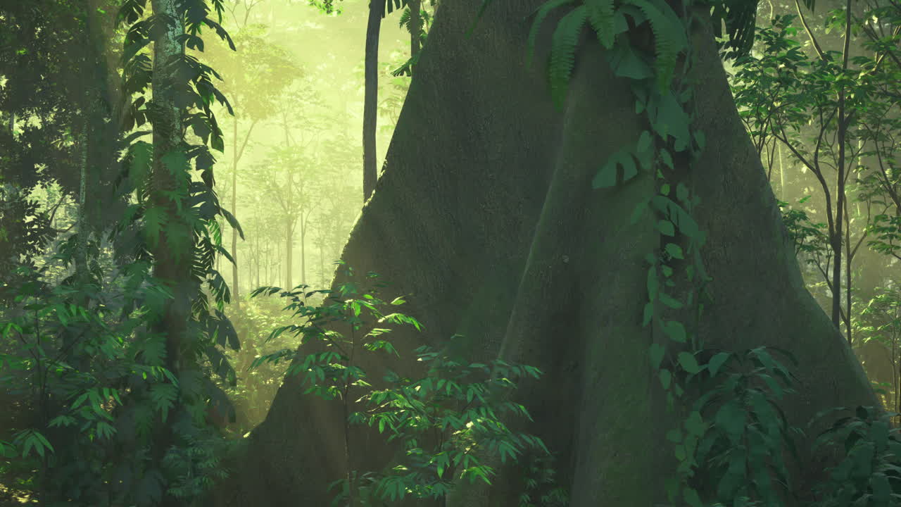 Majestic tree in vibrant rainforest during morning light