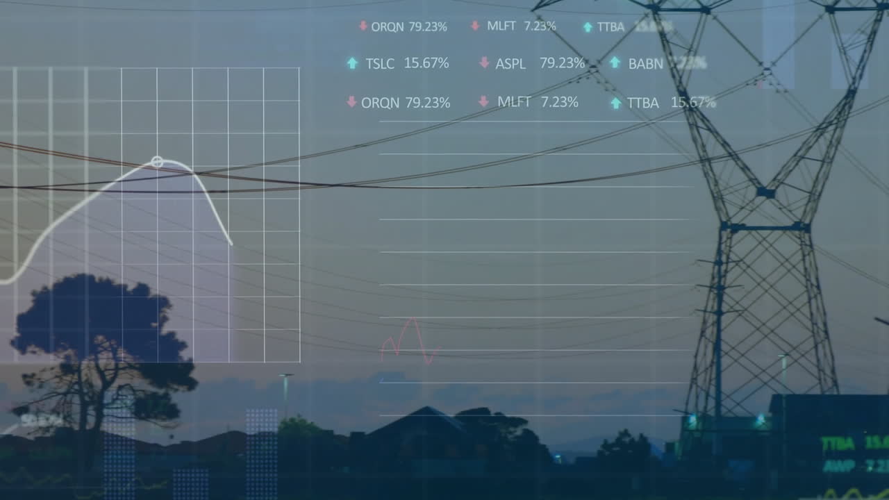 Animation of financial data processing over electricity pylons