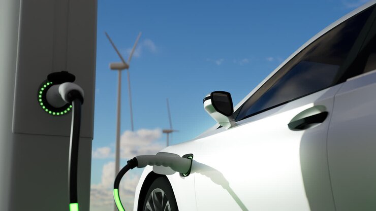 Rendering 3D realistico di una porta di ricarica per veicoli elettrici che si collega a un'auto
