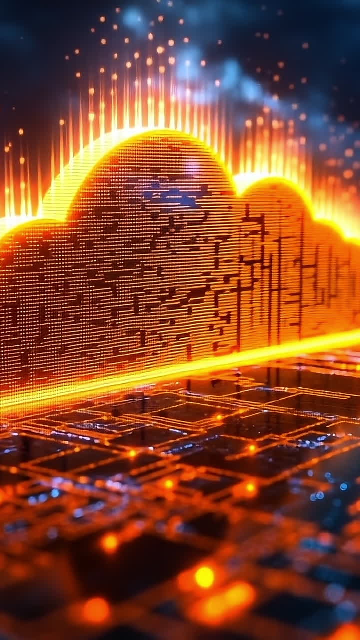 Glowing digital cloud tech. A vibrant orange cloud symbol emerges from a network of digital circuits, showcasing modern technology in action.