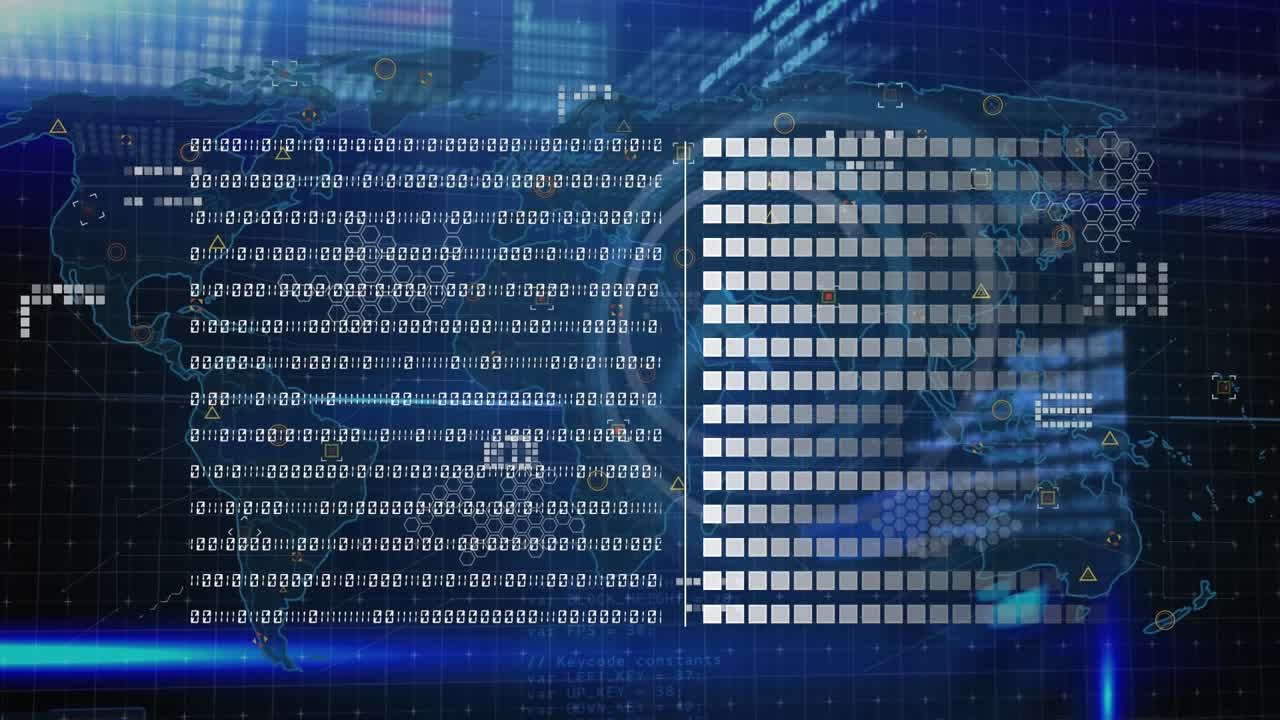 Animation of changing numbers, squares, hexagons and lens flares against map in background