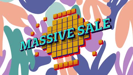 Animation-of-retro-massive-sale-text-on-yellow-squares-with-pastel-coloured-leaves-on-white