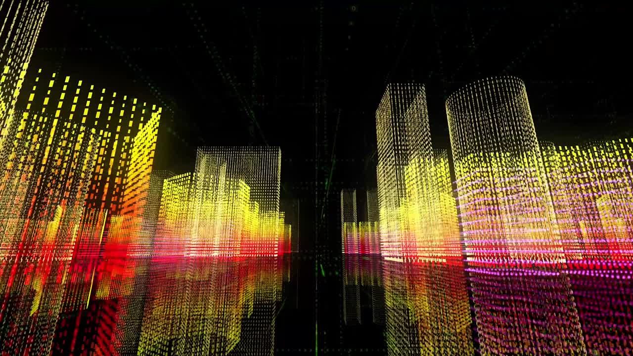 matriz abstracta fondo de movimiento geométrico. animación. lluvia de números binarios cayendo entre cubos de símbolos en fondo negro, bucle sin costuras