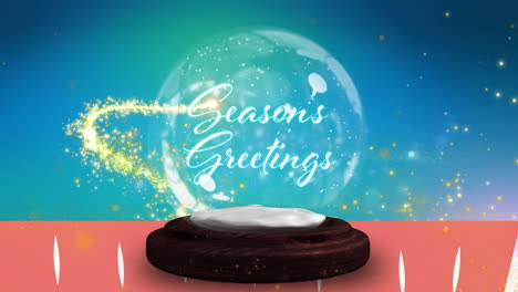 warning text over happy holidays in snow globe against happy glowing spots of light