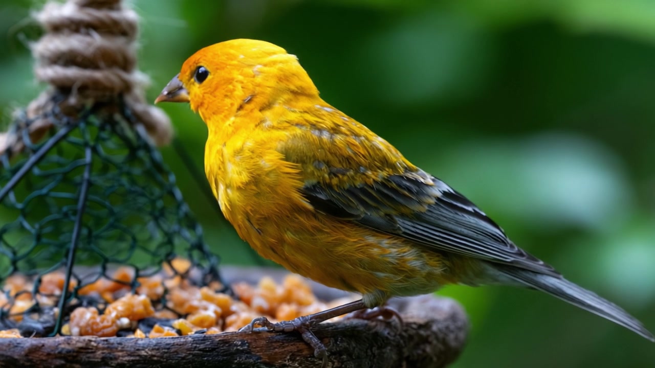 Un vivace uccello giallo che si gode un banchetto a una mangiatoia da giardino: catturando la bellezza e il fascino degli amici aviari colorati della natura.
