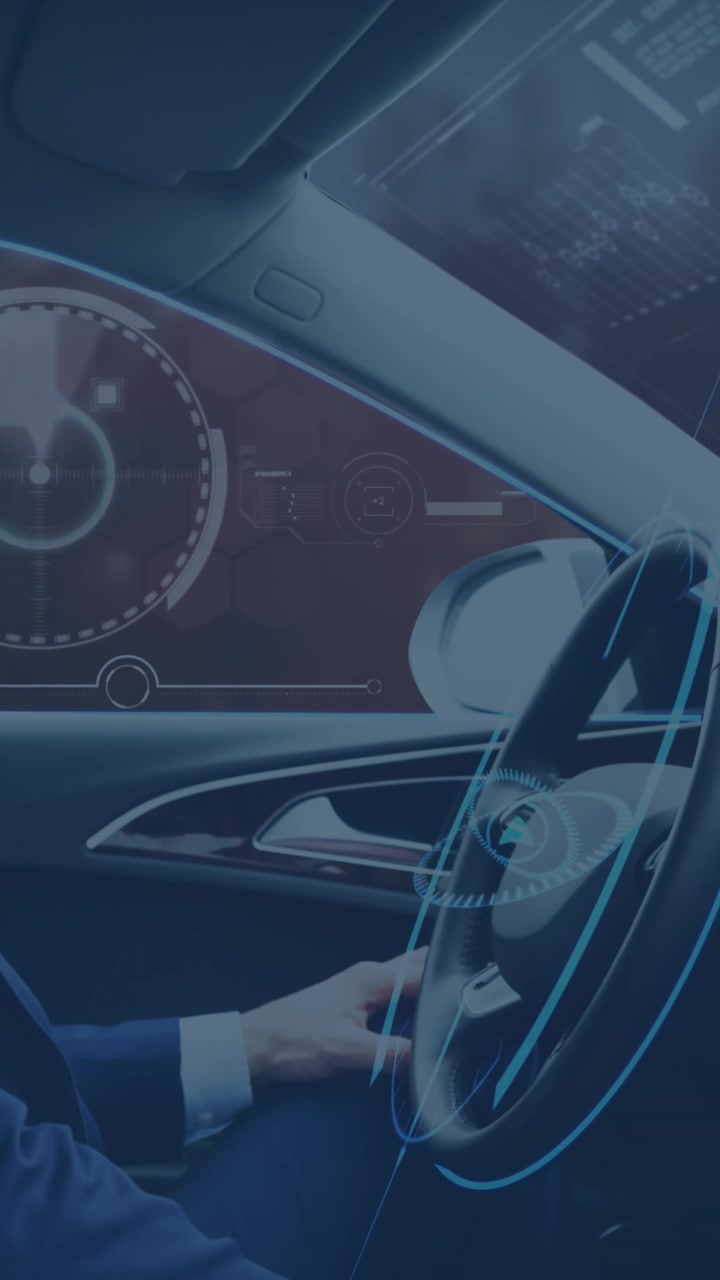 Animazione di display informativi con un uomo che utilizza un'auto a guida autonoma.