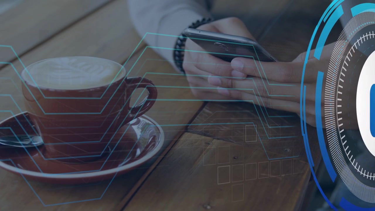Male hands tapping phone as padlock HUD sliding in, circuit lines linking cup, ensuring security