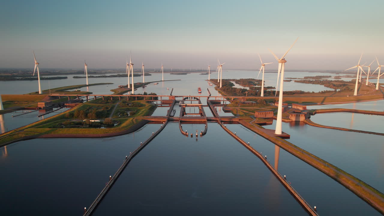 Locks At Krammer Lake With Wind Turbines Generating Green Energy At Wind Farm In Bruinisse, Netherlands. - aerial shot