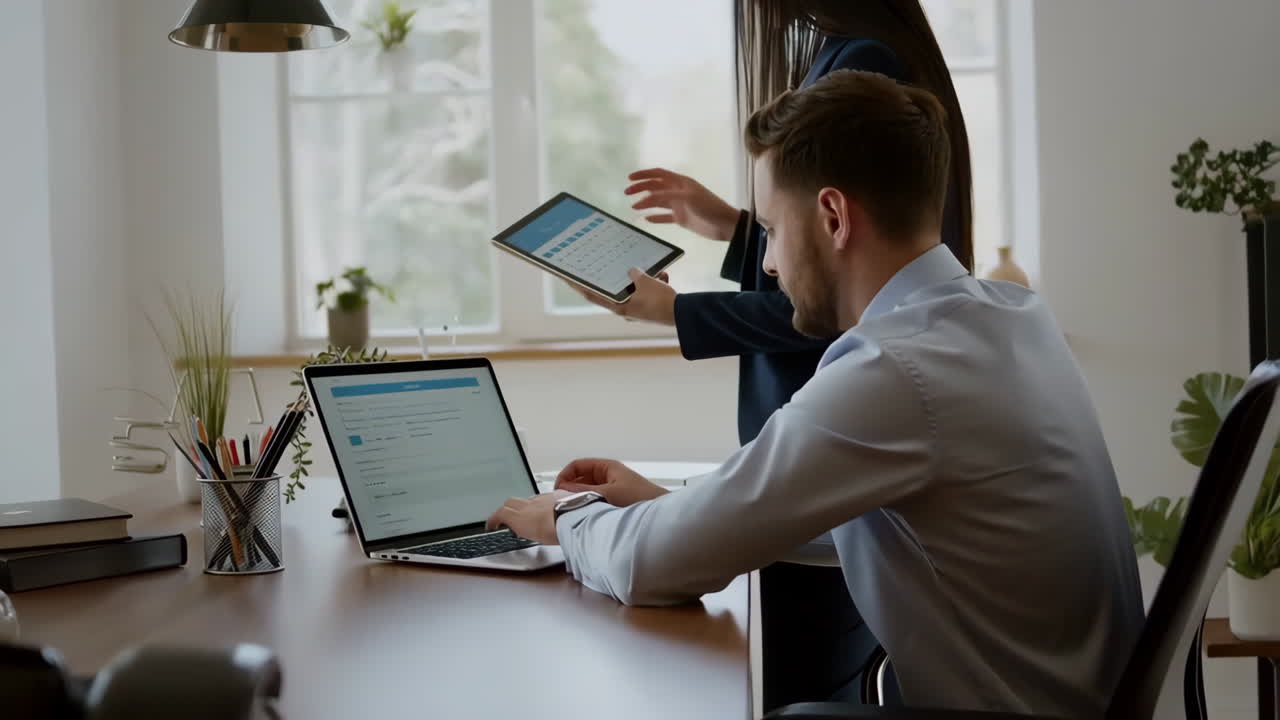 Two business professionals collaborating in an office with a laptop and tablet