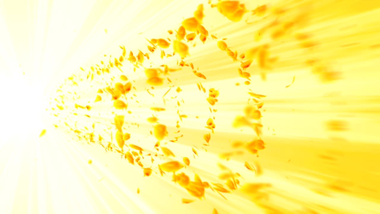 노란 잎의 소용돌이, 계절 잎의 나선형 반이는 입자, 춤추는 잎, 다채로운 자연 터널 루프 애니메이션.