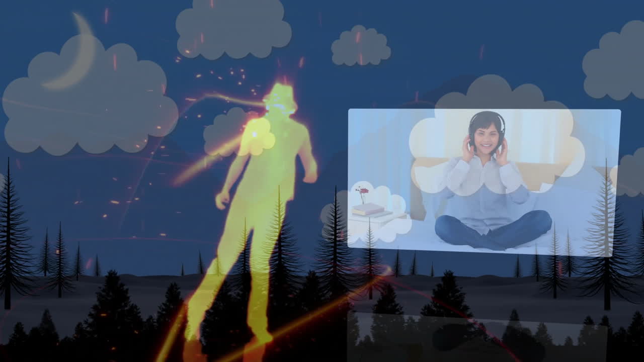 Walking over animated clouds, silhouette of person with woman talking on screen