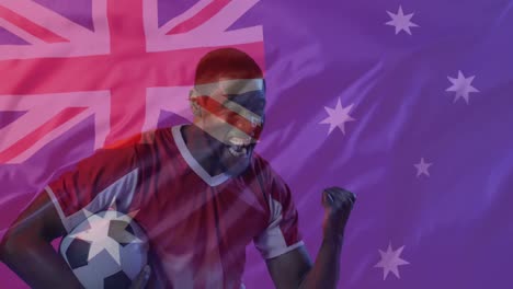 animation of african american male soccer player over flag of australia