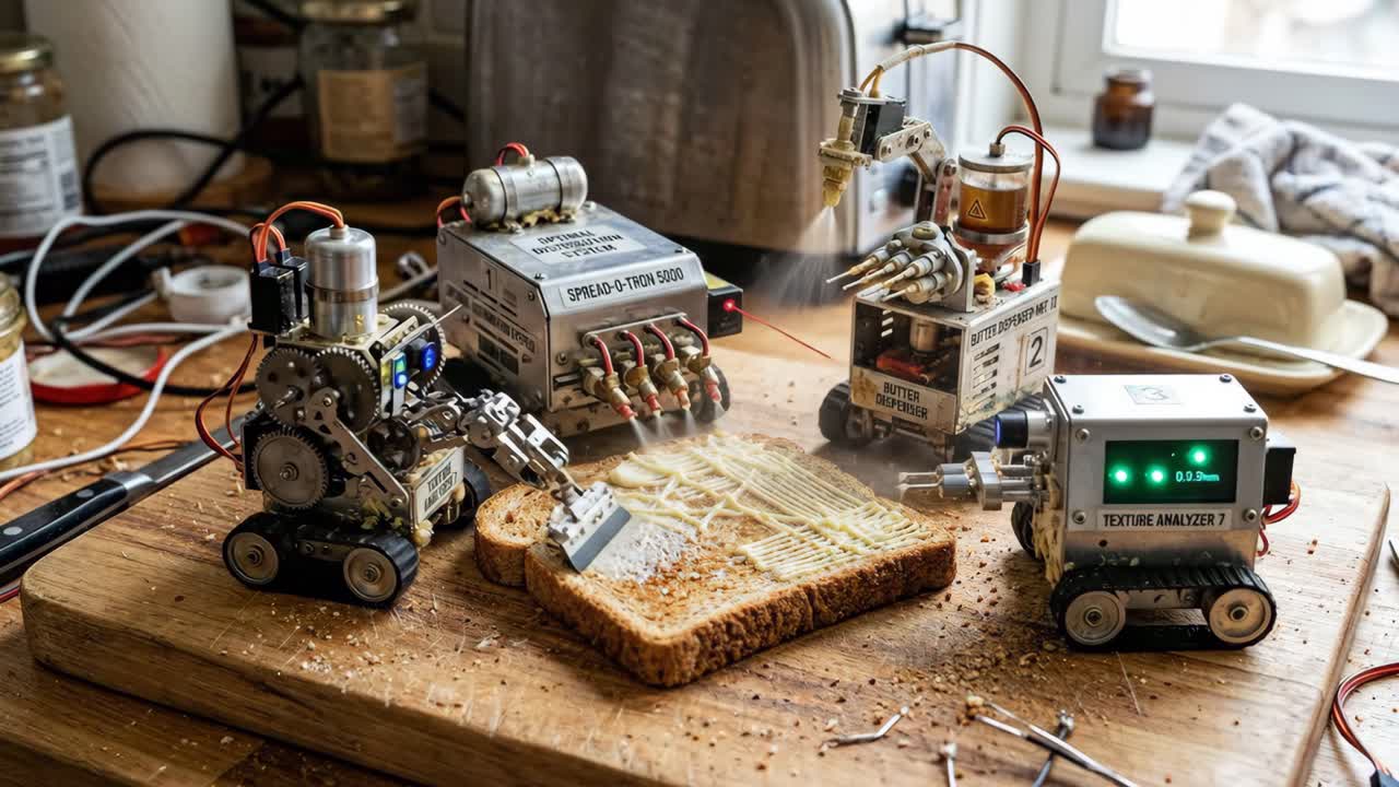 Minirobotit automatisoimassa aamiaista levittämällä voita paahtoleivälle