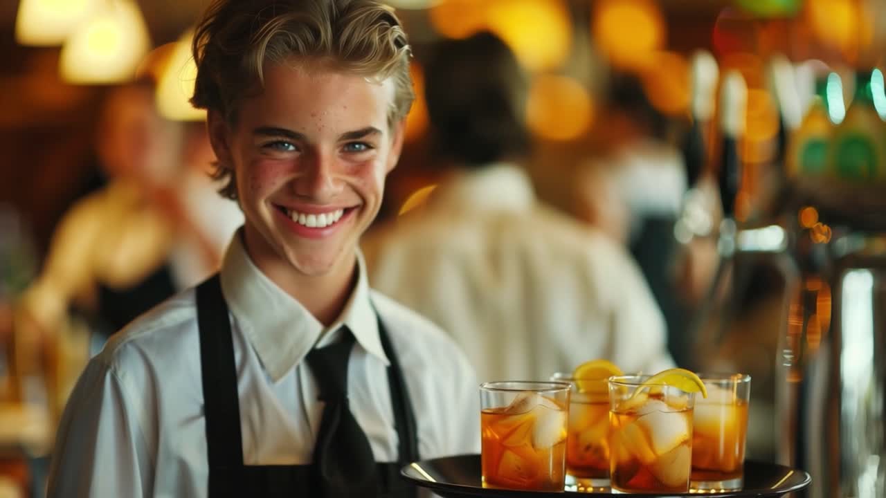 Young waiter serving cocktails at a restaurant