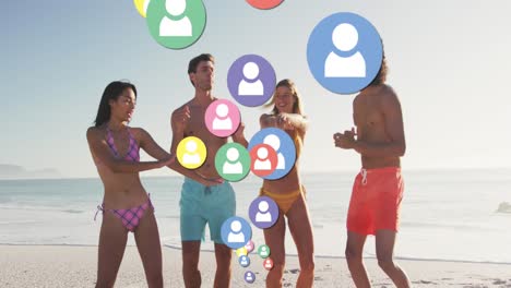 multiple profile icons floating against group of friends dancing on the beach