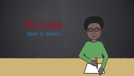 Animación-Digital-De-Una-Colegiala-Estudiando-Y-Texto-De-Bienvenida-De-Regreso-A-La-Escuela-Sobre-Fondo-Gris