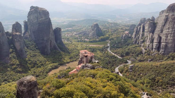 Aerial View of Meteora Monastery Complex in Greece